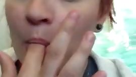 Teen girl playing on train