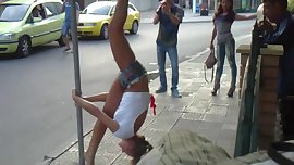 Hot Russian girls dancing on a street sign