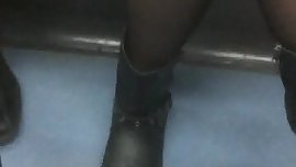French Pantyhose legs subway train black nylon