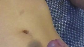 Big oiled uncut cock cumshot onto belly with hitachi wand